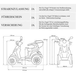 E-Scooter 4 Räder 25 km/h ECO ENGEL 510 Rot, 1000 Watt mit Dach mit Li-Io Akku 20 Ah